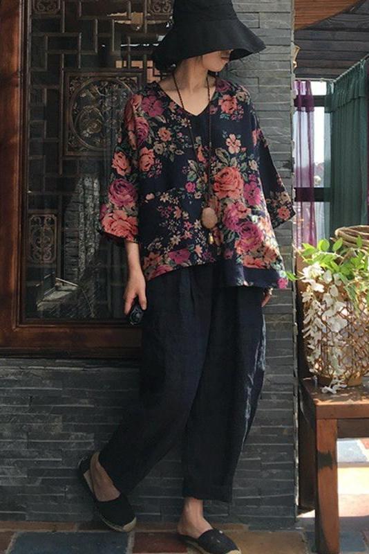 Limited Stock- Print V-neck Long Sleeve Cotton Blouse
