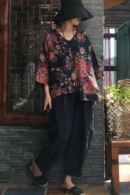 Limited Stock- Print V-neck Long Sleeve Cotton Blouse
