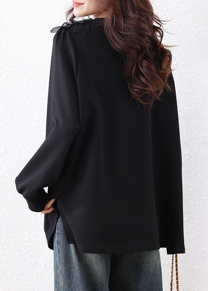 Loose Black V Neck Nail Bead Cotton Sweatshirts Fall
