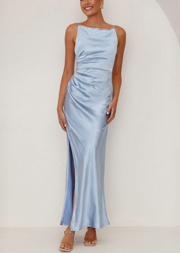Blue Side Open Silk Spaghetti Strap Dress Summer