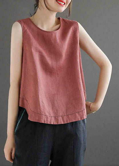Simple Blue O-neck Embroidered Linen Beach Vest Sleeveless