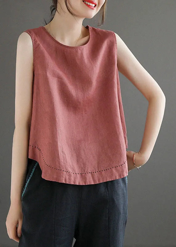 Simple Blue O-neck Embroidered Linen Beach Vest Sleeveless
