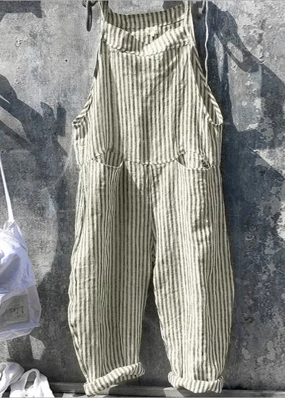 Yellow Striped Pockets Cotton Jumpsuits Summer