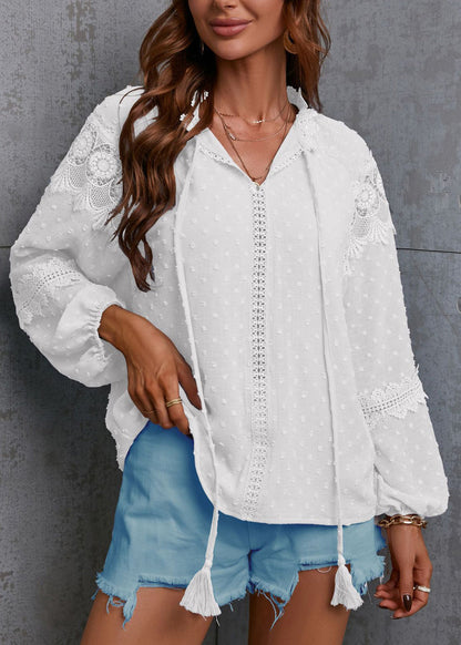 Unique Blue Hollow Out Lace Patchwork Chiffon Shirt Top Spring