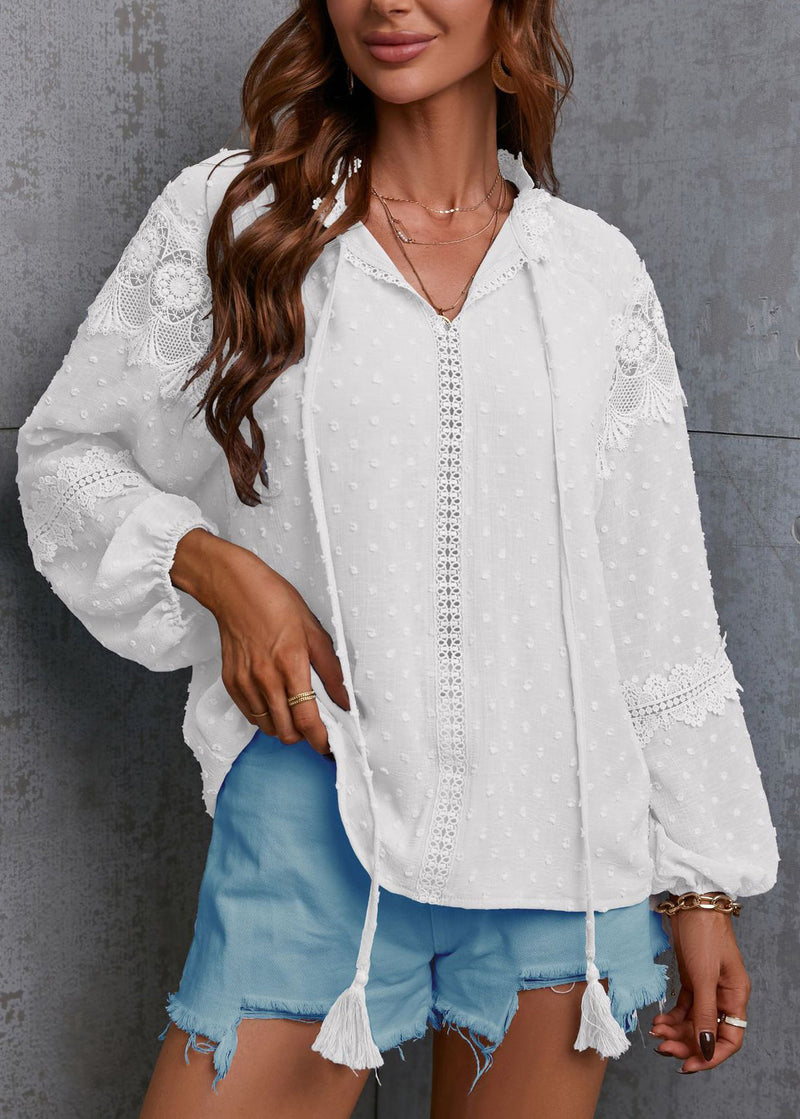 Unique Blue Hollow Out Lace Patchwork Chiffon Shirt Top Spring