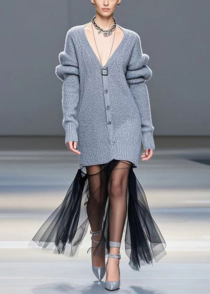 Grey V Neck Patchwork Tulle Long Sweater Winter