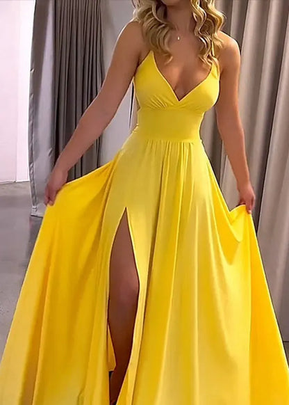 Style Yellow Backless Side Open Cotton Spaghetti Strap Dress Summer