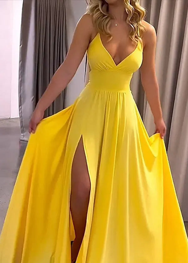 Style Yellow Backless Side Open Cotton Spaghetti Strap Dress Summer