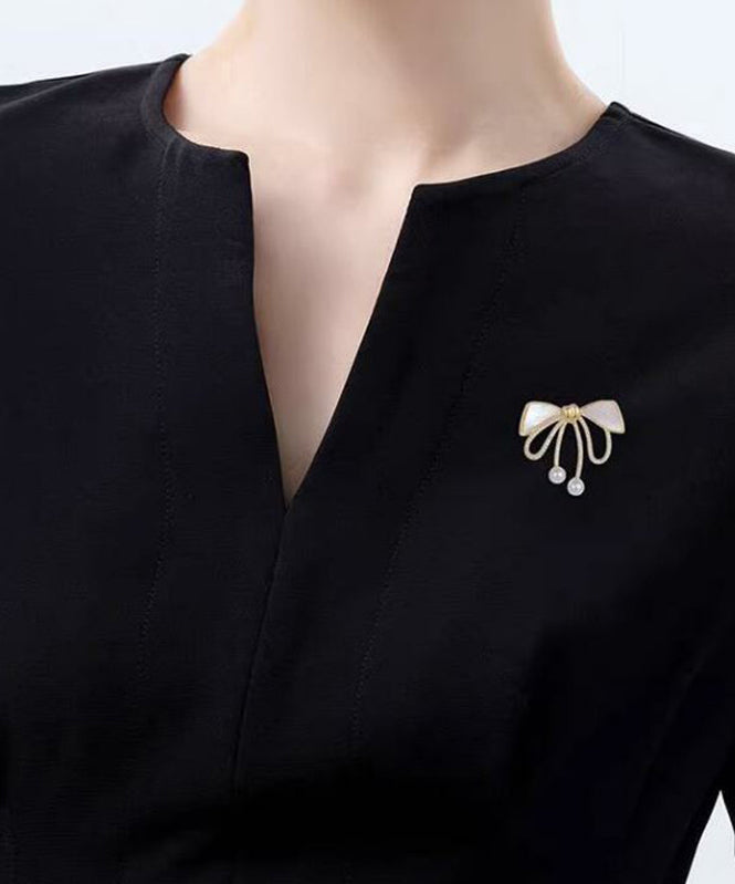 Gold Sterling Silver Alloy Zircon Bow Pearl Brooches