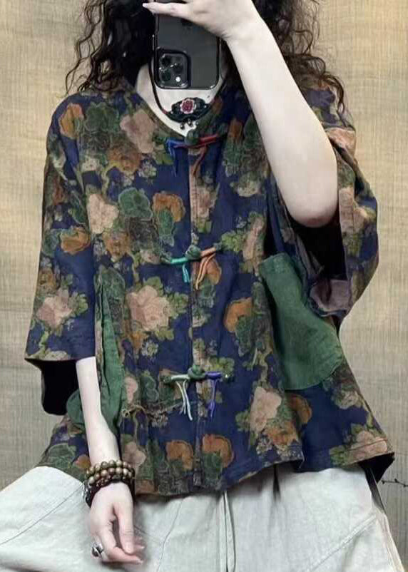 Blue Button Print Linen Blouse Half Sleeve