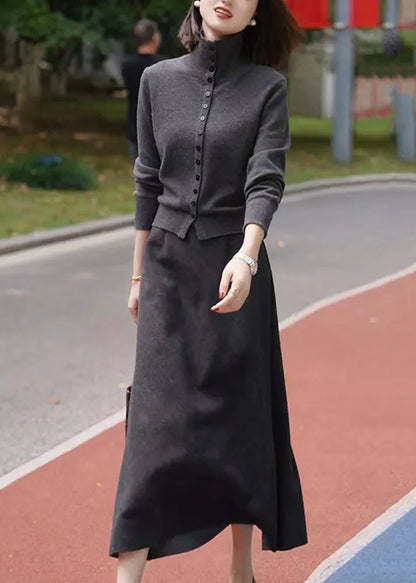Dark Grey Stand Collar Cotton Knit Cardigans and Maxi Skirts Two Piece Set Winter