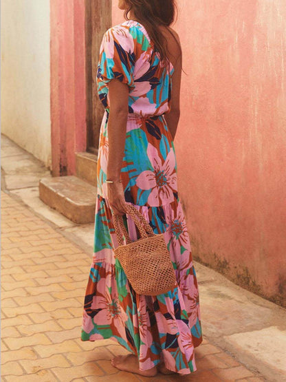 Off-shoulder Palm Leaf Print Holiday Style Dress