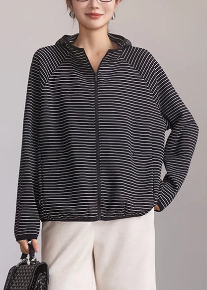 Striped Hooded Zippered Pockets Cotton Coat Spring
