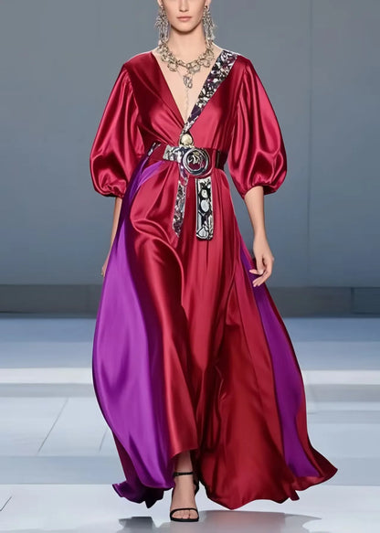 Mulberry Cinched Patchwork Silk Holiday Dress Summer