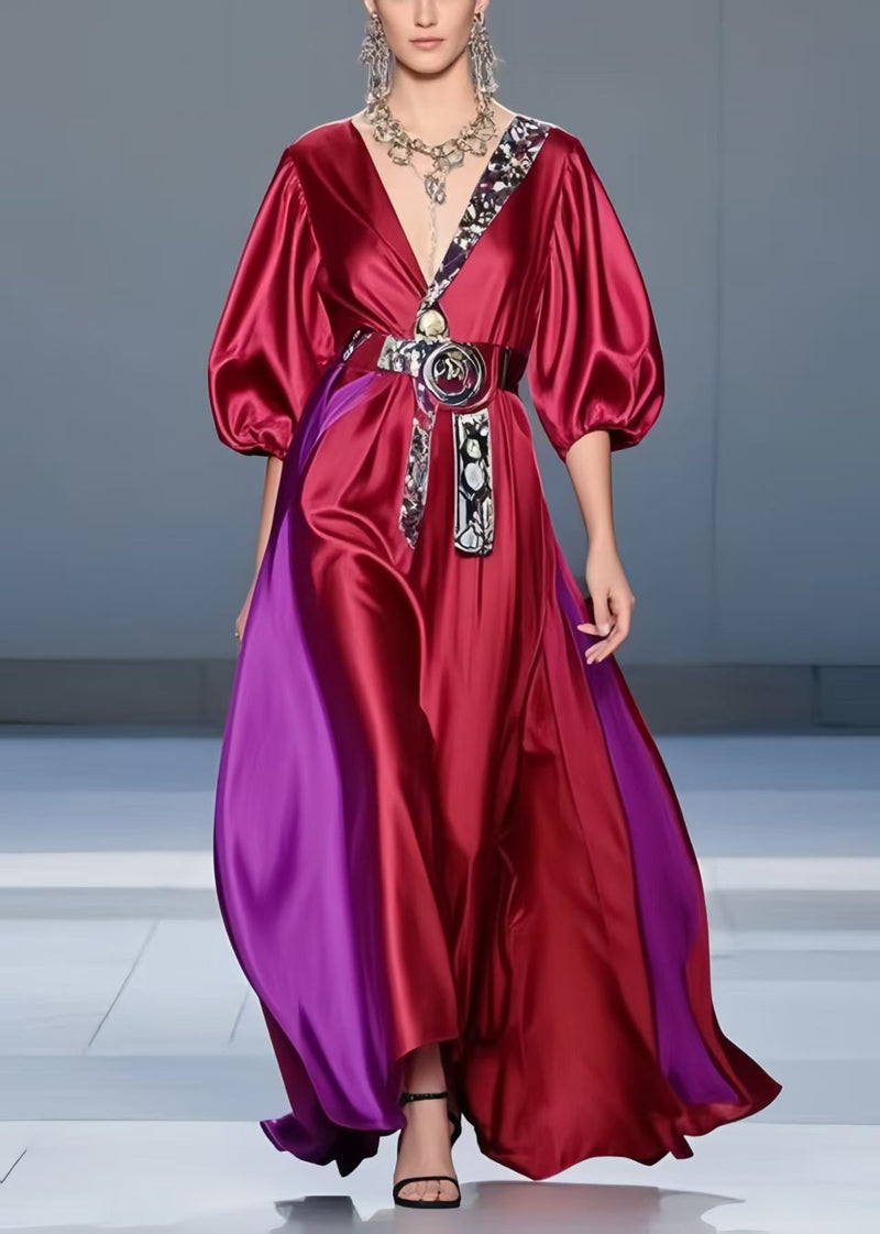 Mulberry Cinched Patchwork Silk Holiday Dress Summer