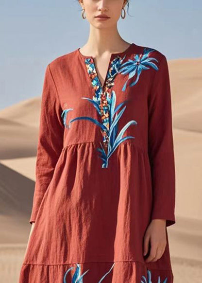 Red Print Patchwork Ruffles Cotton Dresses Fall