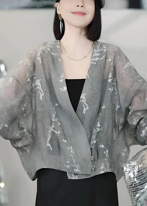 Vogue Grey V Neck Print Button Tulle Coats Batwing Sleeve