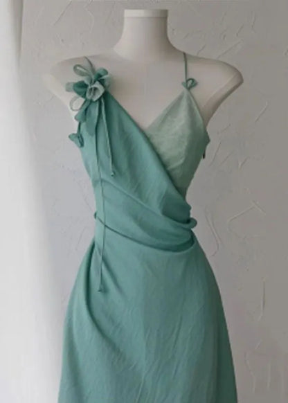 New Green V Neck High Waist Cotton Spaghetti Strap Dress Sleeveless