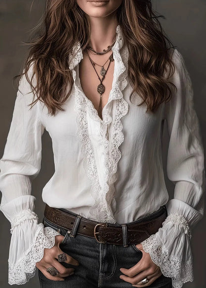 White V Neck Lace Patchwork Cotton Shirts Spring