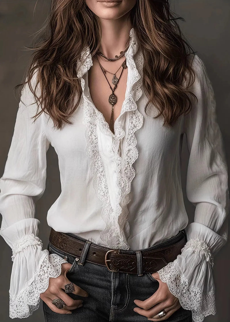 White V Neck Lace Patchwork Cotton Shirts Spring