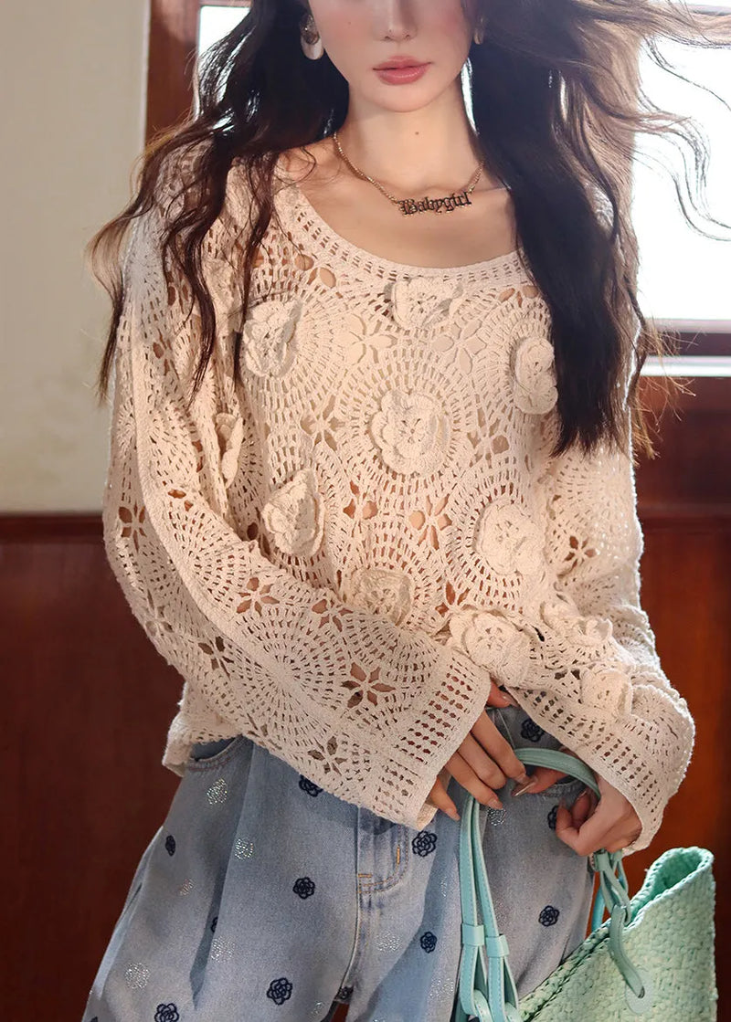 French Beige Hollow Out Lace Knit Top Fall