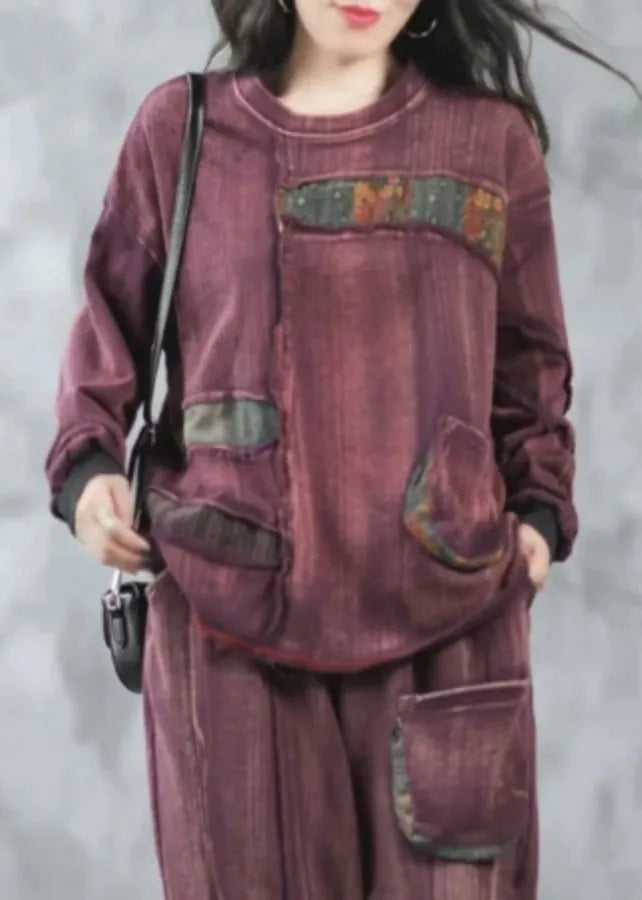 Purple O Neck Pockets Patchwork Cotton Top Spring