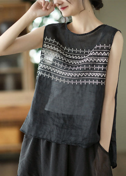 Black Embroidered Linen Tank Tops Sleeveless
