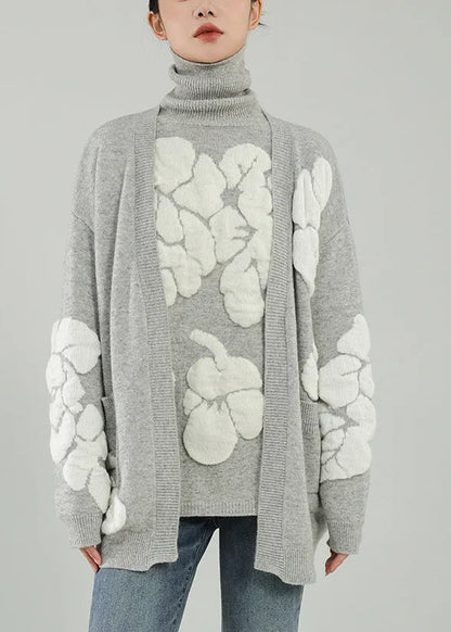 Grey V Neck Wool Knit Cardigans Winter