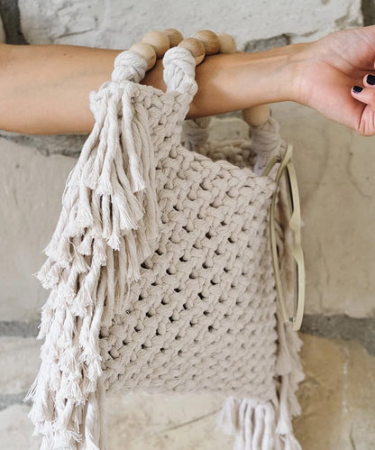 Blue Tasseled Hollow Out Knit Tote Handbag