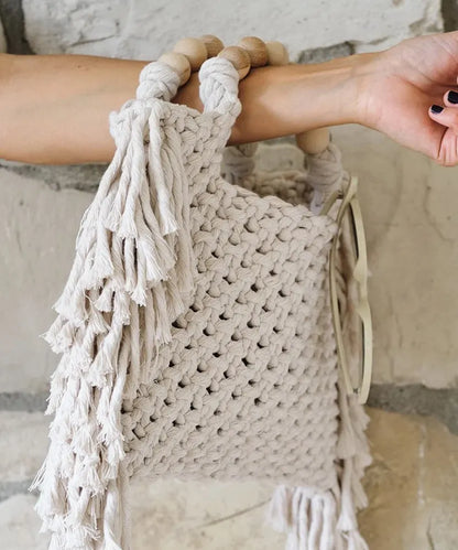 Blue Tasseled Hollow Out Knit Tote Handbag