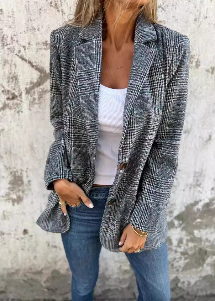 Blue Notched Pockets Plaid Cotton Suit Coats Fall