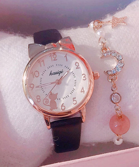 Black Genuine Leather Little Cats Waterproof Watch