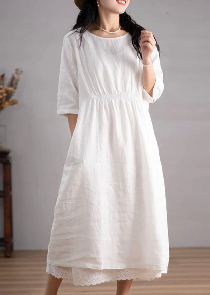 Blue O Neck Pockets Wrinkled Linen Dresses Summer
