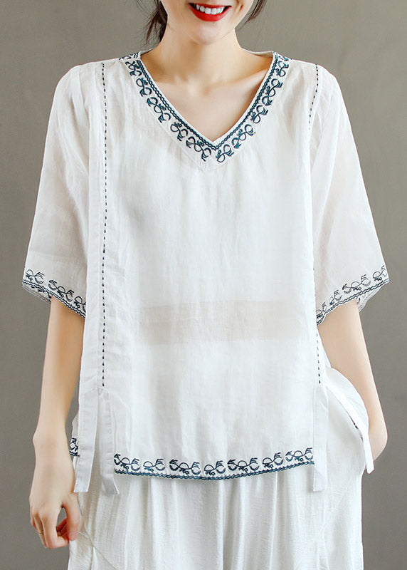 Stylish Purple V Neck Embroidered Linen T Shirt Half Sleeve