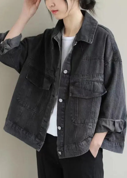 Black Button Pockets Denim Coat Long Sleeve