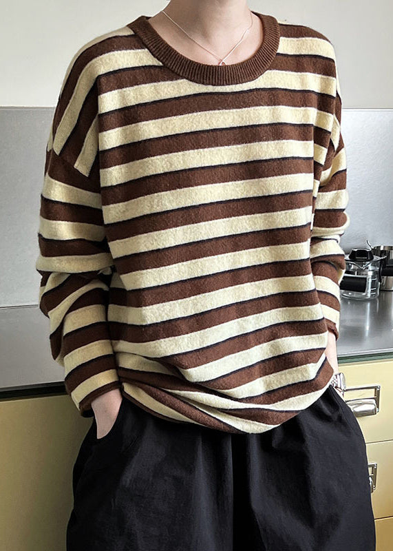 Coffee O-neck Striped Woolen Top Long Sleeve