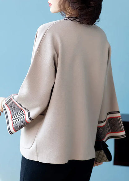 Camel V Neck Print Pockets Patchwork Knit Cardigans Fall