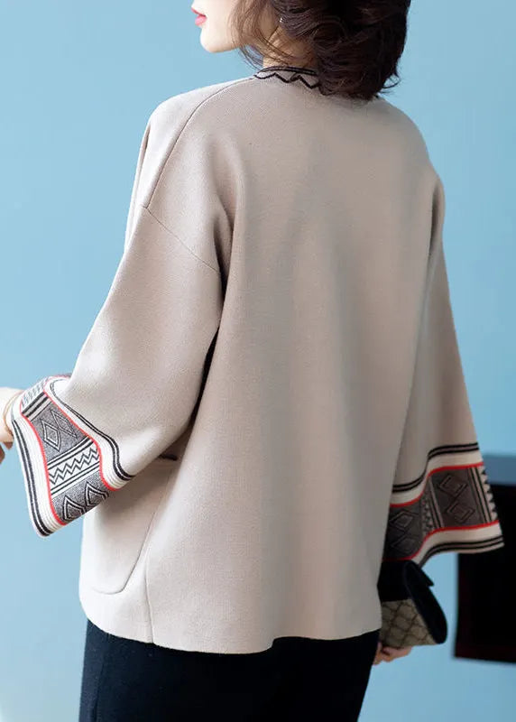 Camel V Neck Print Pockets Patchwork Knit Cardigans Fall