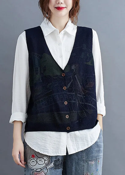 Navy Blue V Neck Print Side Open Knit Waistcoat Sleeveless