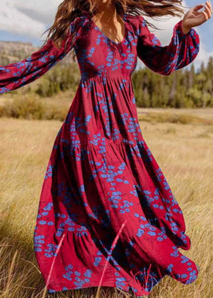 Green V Neck Print Wrinkled Chiffon Robe Dresses Spring