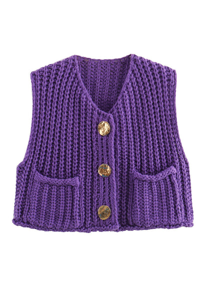 Blue Pockets Button Knit Vest Sleeveless