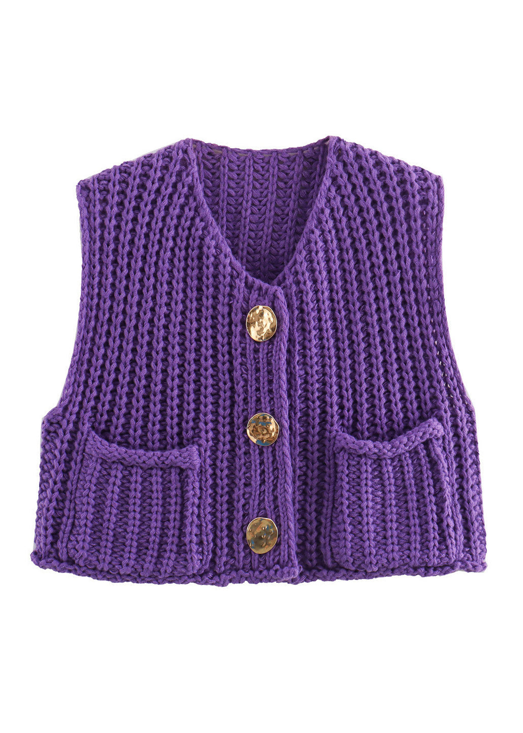Blue Pockets Button Knit Vest Sleeveless