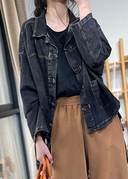 Black Peter Pan Collar Button Pockets Denim Coats Long Sleeve