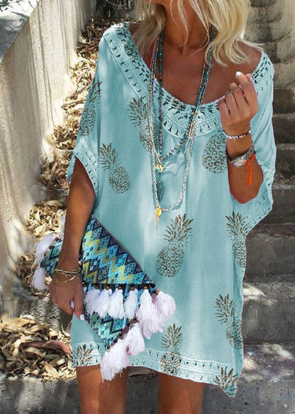 White V Neck Print Lace Patchwork Cotton Dresses Summer