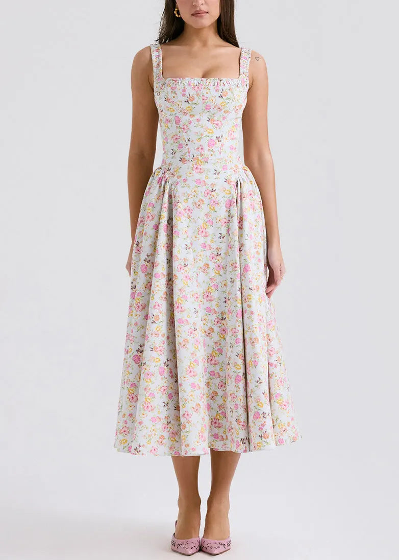 Fine Print Wrinkled Cotton Spaghetti Strap Dress Summer
