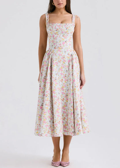 Fine Print Wrinkled Cotton Spaghetti Strap Dress Summer