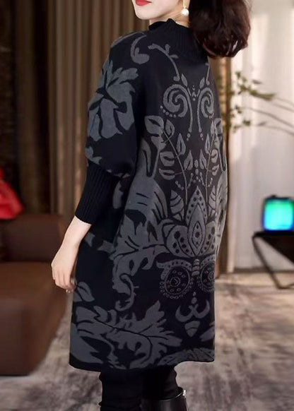 Black Hign Neck Thick Print Knit Sweater Winter