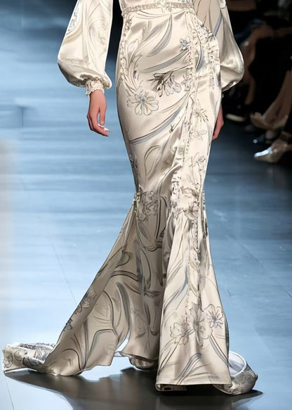 Silm Fit Beige Wraped Print Silk Fishtail Dress Lantern Sleeve