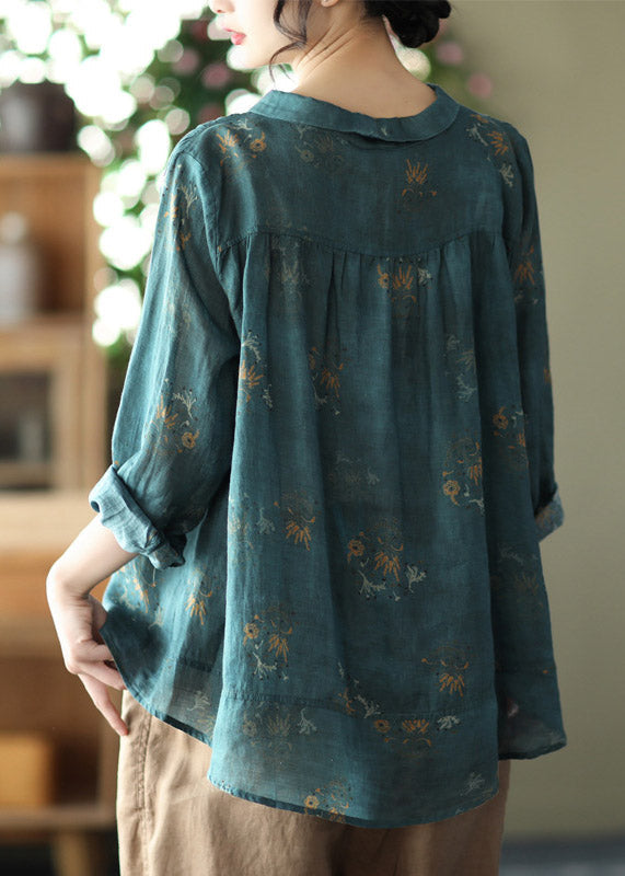 Retro Peacock Green-dark Pattern Peter Pan Collar Print Button Wrinkled Shirts Long Sleeve