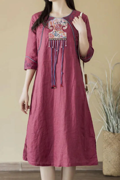 Summer Retro Five-quarter Sleeve Dress Cotton Linen Embroidered Long Dress